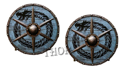 Mittelalterlicher echter Wikinger-Larp-Krieger aus Holz und Stahl, runder Drachenschild, 24 