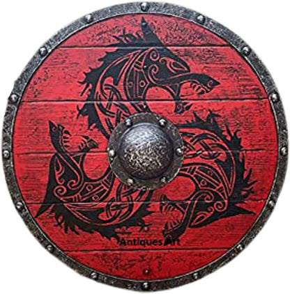 Era vikinga medieval tamaño adulto 24" Escudo hecho a mano madera natural y hierro juego de batalla guerrero cosplay rojo oscuro