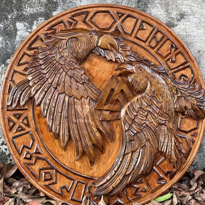 Escudo vikingo de madera, símbolo vikingo Cuervo, arte de pared de decoración vikinga Odin Hugin y Munin Round shiel
