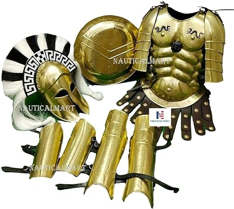 Roman Muscle Cuirass with Shoulder Armor Greek Corinthian Helmet + 300 Spartan Leg Arm Guard & Shield Medieval Knight LARP Halloween Costume