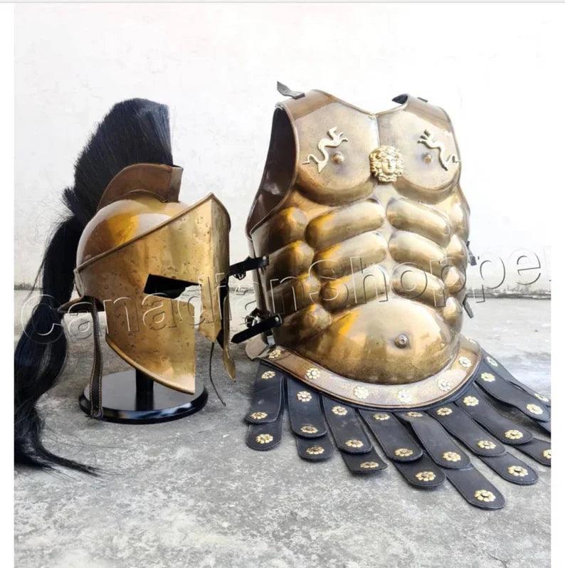 Muscle Jacket With Armor Spartan Helmet, Shield, Halloween Medieval Greek Costumes ~ 300 Movie Christmas Gift Home Décor - collectiblegiftitems