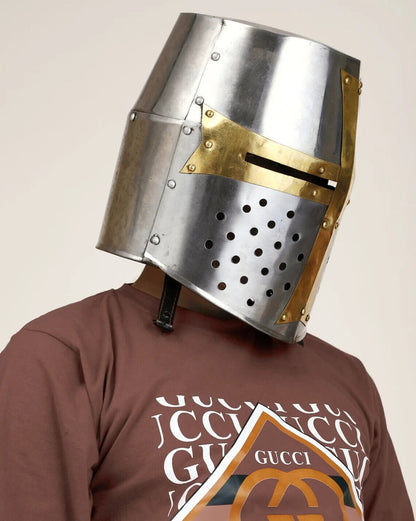 Casco medieval soporte de madera cruzado caballero templario LARP casco armadura de cosplay