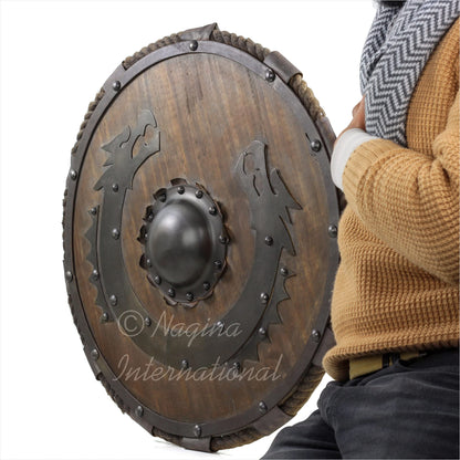 Escudo medieval de madera con diseño de dragón volador vikingo, acabado antiguo, 24.0 in 