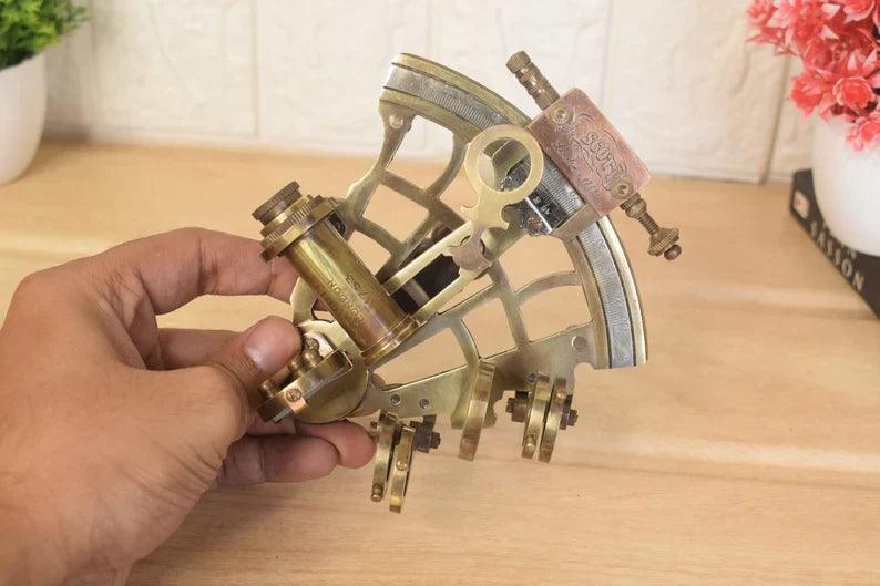 Brass Sextant, Handheld Nautical Sextant With Wooden Box - collectiblegiftitems