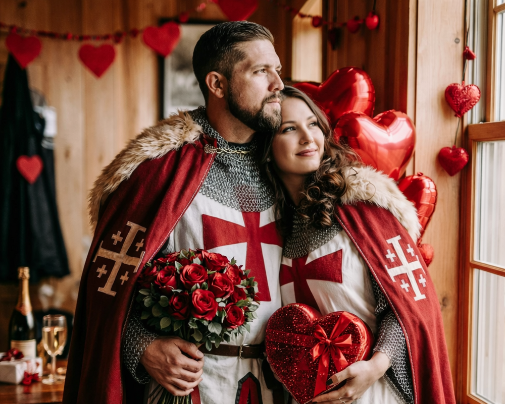 Two people in medieval-themed costumes with red capes and heart decorations in a wooden cabin Valentine’s Sale