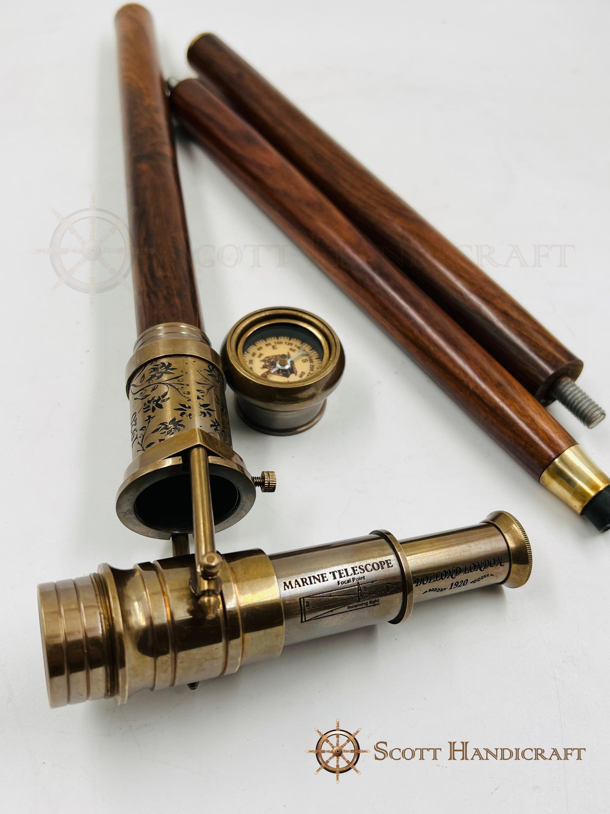 Brass Telescope & Compass Handle walking cane - collectiblegiftitems