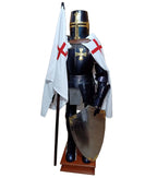Crusader Templar Knight Medieval Armor Suit with Shield Cloak and Flag - collectiblegiftitems