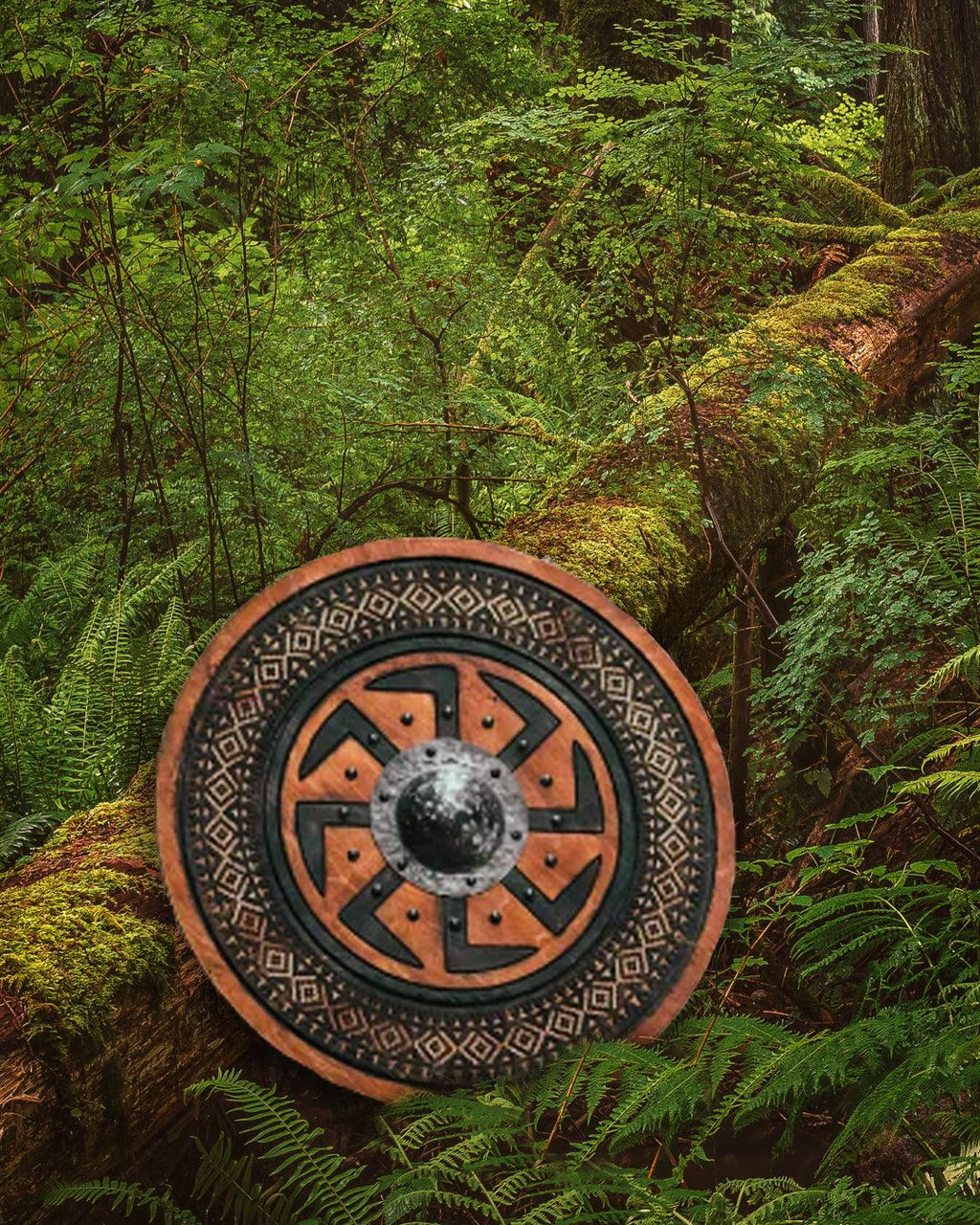 Carved Kolovrat Slavic Sun Viking Shield, 24"