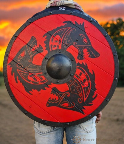 Fenrir Grey Wolf Authentic Battle worn Red Viking Shield by Scott Handicrafts - collectiblegiftitems