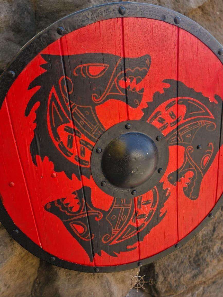 Fenrir Grey Wolf Authentic Battle worn Red Viking Shield by Scott Handicrafts - collectiblegiftitems