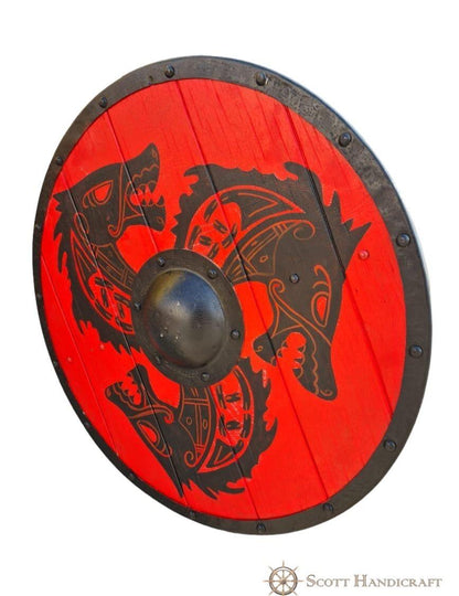 Fenrir Grey Wolf Authentic Battle worn Red Viking Shield by Scott Handicrafts - collectiblegiftitems