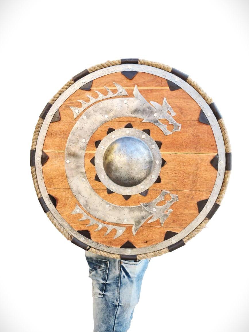 Viking Flying Dragon Wooden Shield Handcrafted with Antique Finish - collectiblegiftitems