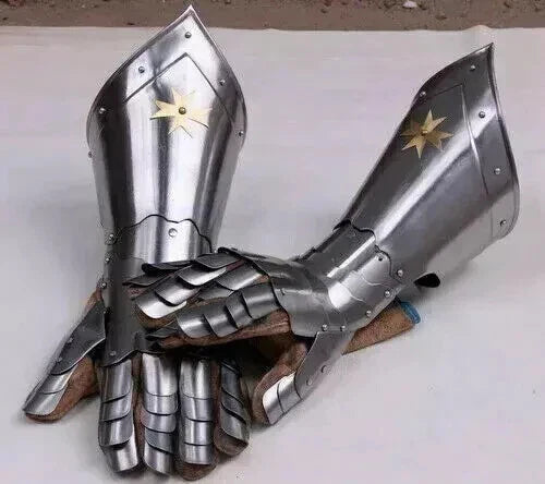 Medieval Knight Gauntlets Functional Leather & Steel Armor Gloves for Adults