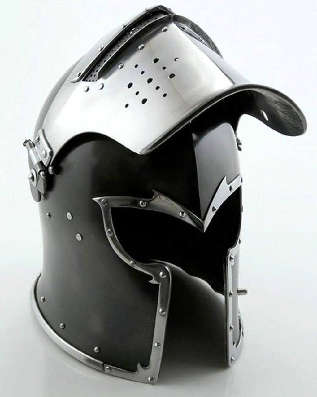 Black and silver medieval helmet on a white background