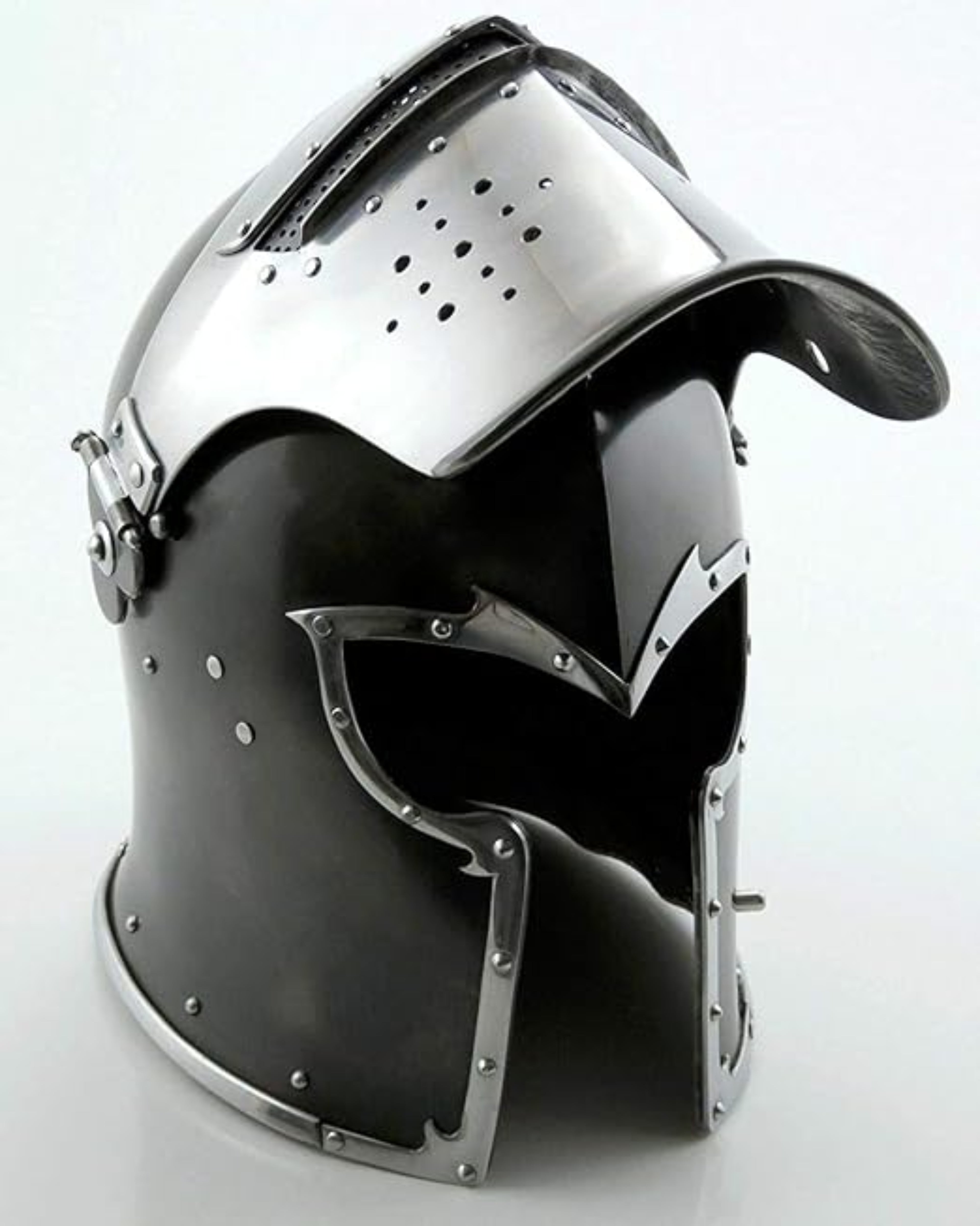 Black and silver medieval helmet on a white background