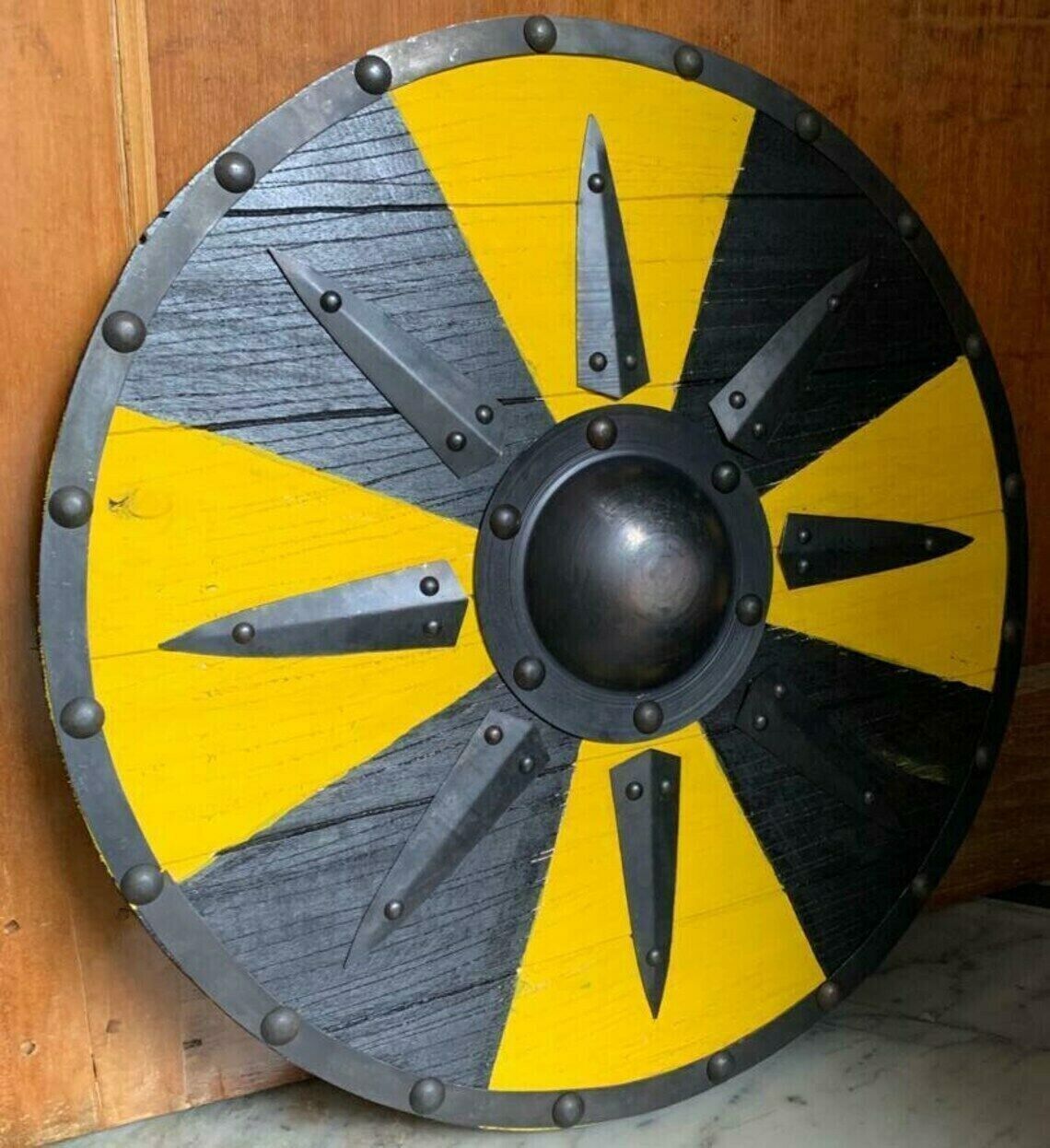 Escudo vikingo de tablones negros y amarillos con tirantes de acero, 24"