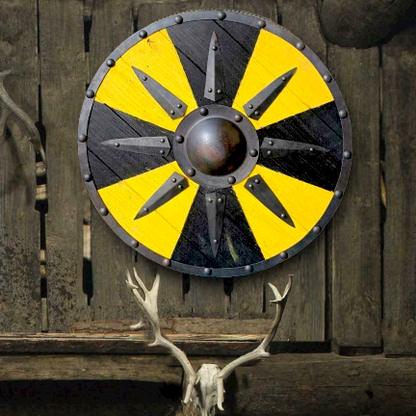 Escudo vikingo de tablones negros y amarillos con tirantes de acero, 24"