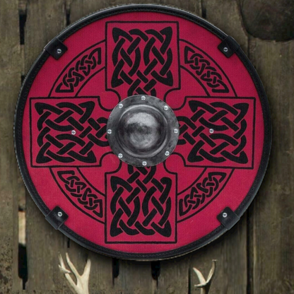 Glatter roter mittelalterlicher Schild mit keltischem Sonnenkreuz, 24" 