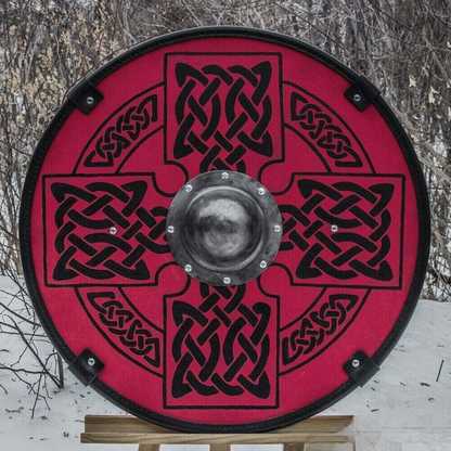 Escudo medieval rojo liso con cruz solar celta, 24" 