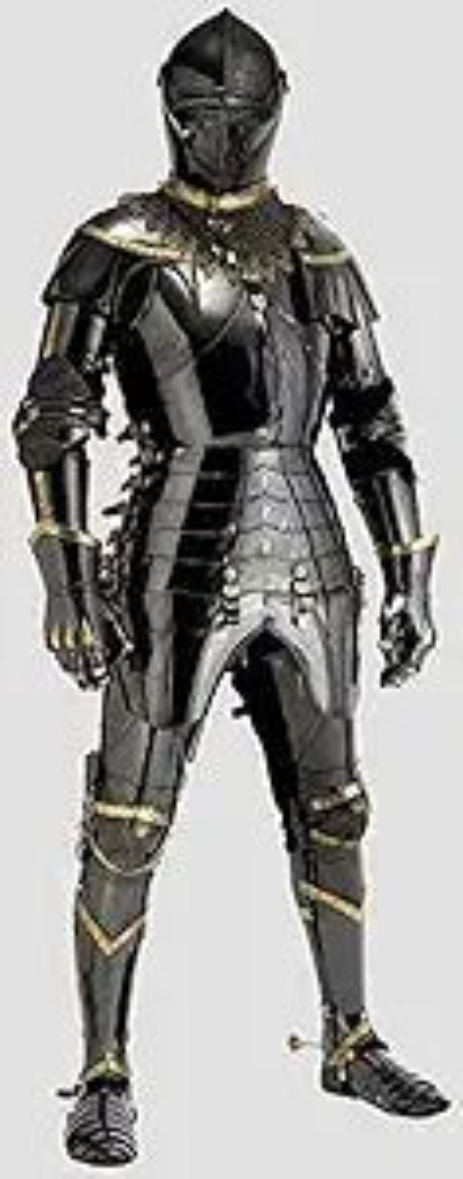 Full-body suit of black armor with gold accents on a white background