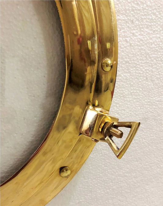 Ojo de buey de latón antiguo, acabado dorado, espejo de puerto para colgar en la pared, decoración de ojo de buey de barco (15 pulgadas)