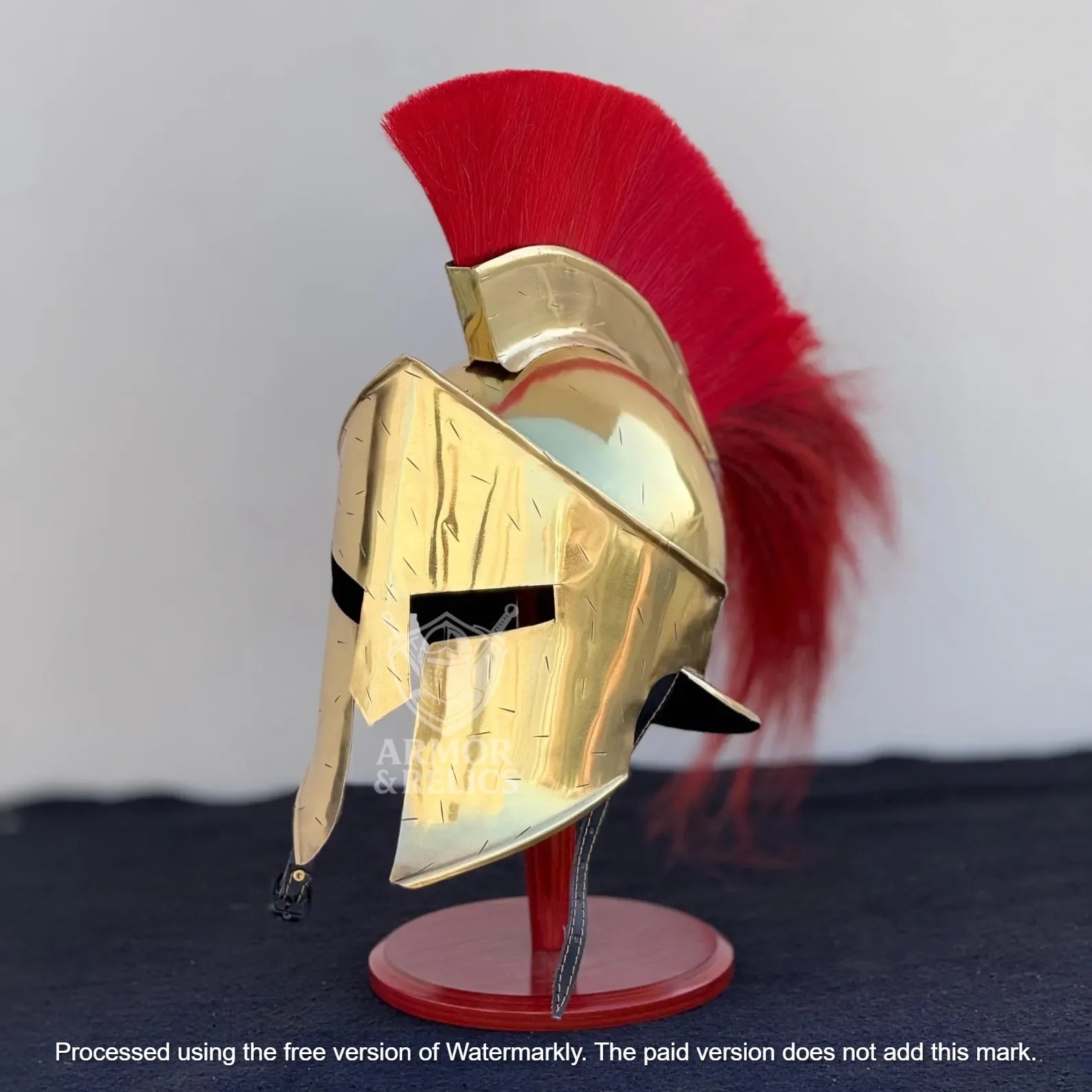 Golden Spartan Helmet – King Leonidas 300 Movie Authentic Brass Knight Helmet with Wooden Display Stand