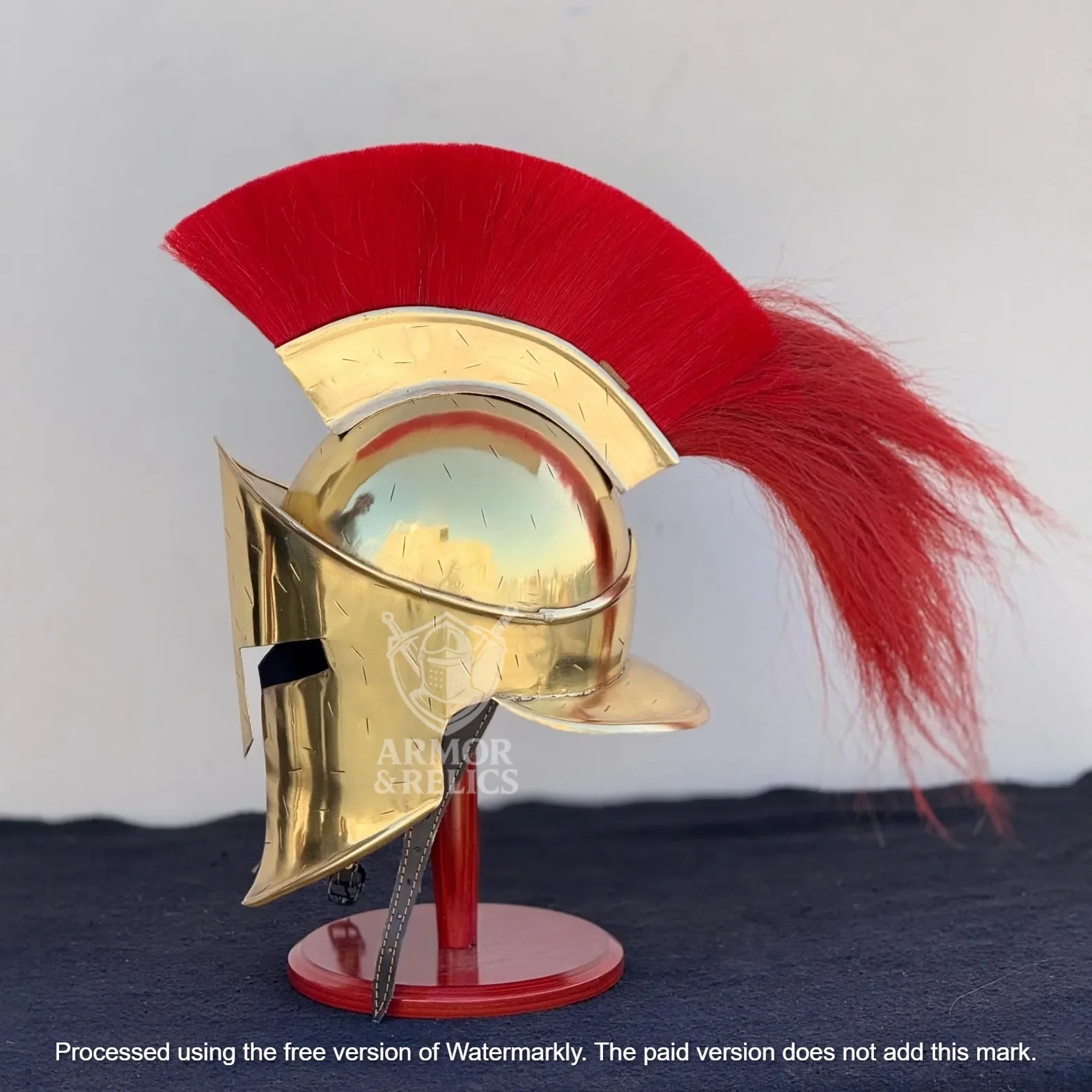 Golden Spartan Helmet – King Leonidas 300 Movie Authentic Brass Knight Helmet with Wooden Display Stand