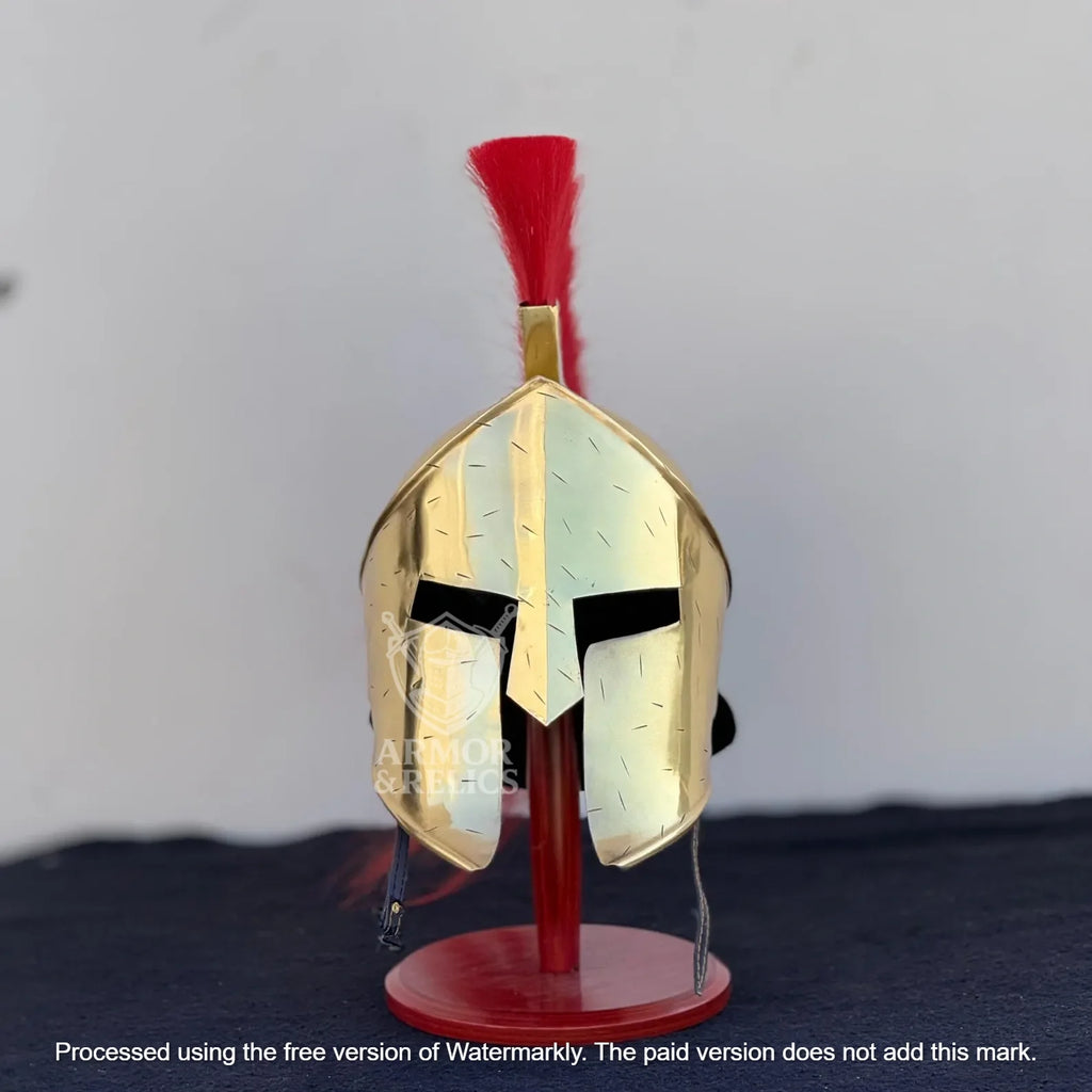 Golden Spartan Helmet – King Leonidas 300 Movie Authentic Brass Knight Helmet with Wooden Display Stand