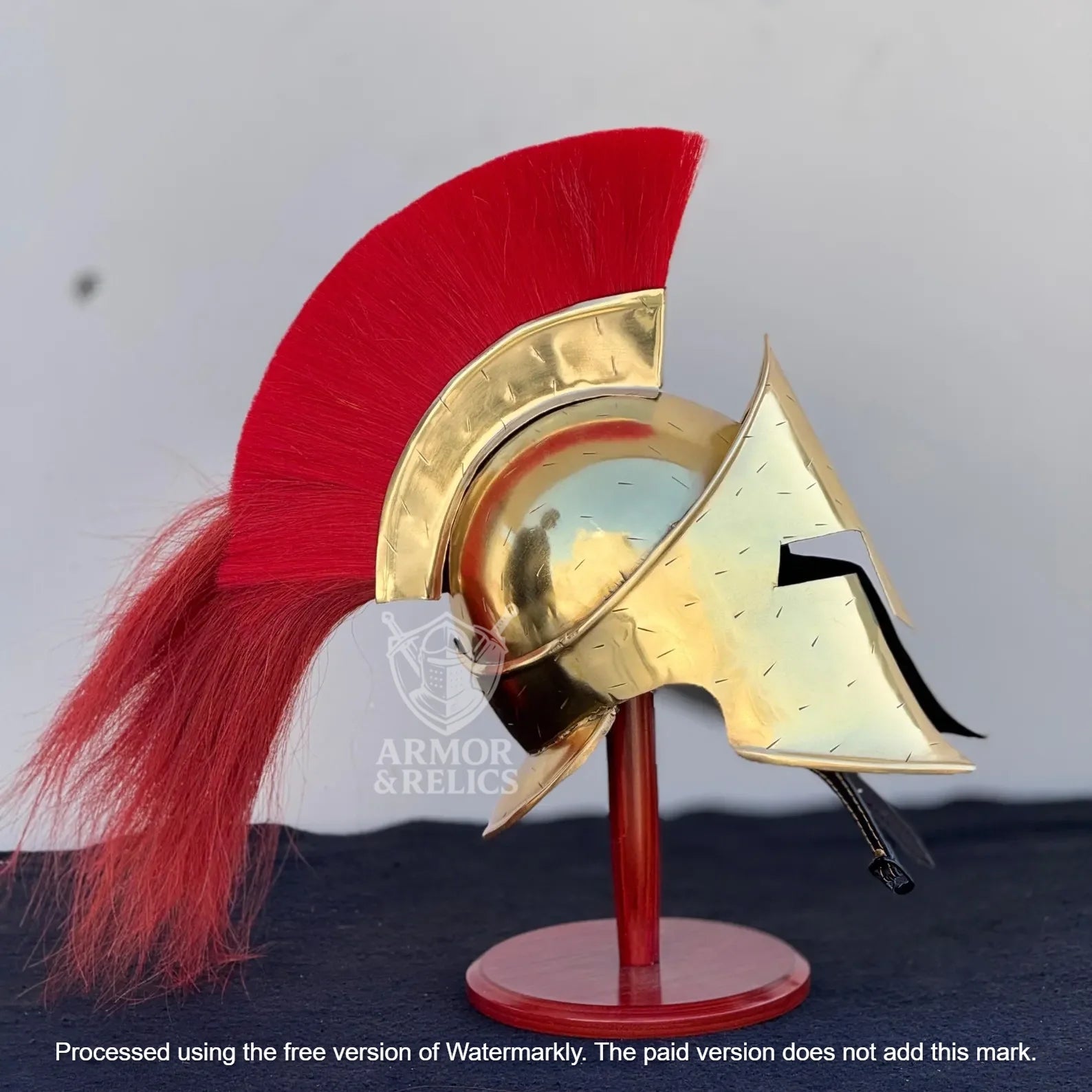 Golden Spartan Helmet – King Leonidas 300 Movie Authentic Brass Knight Helmet with Wooden Display Stand