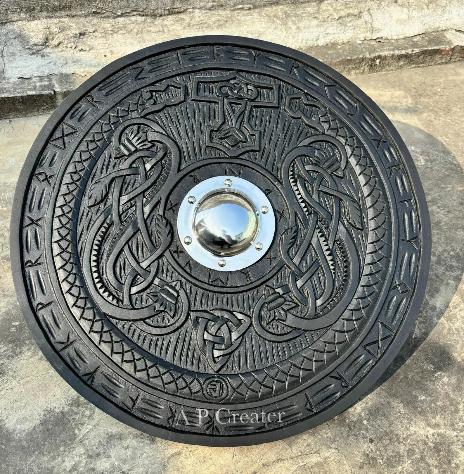 Viking Shield, Viking Wall Décor, Wood Wall Art, Handmade Home Décor, Wall Hangings | Medieval Warrior Round Engraved Shield, Handmade Gift
