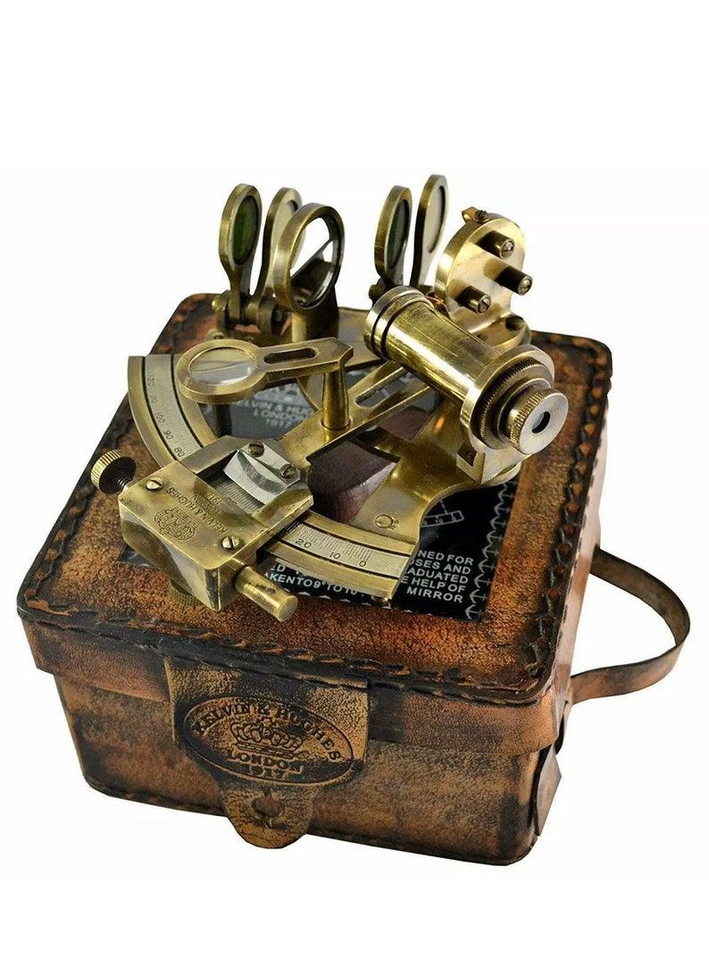 Solid Brass Sextant With Handmade Leather Case-Marine Gift. - collectiblegiftitems