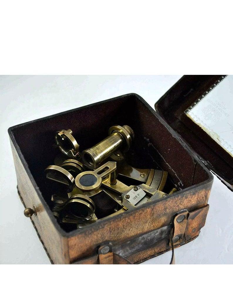 Solid Brass Sextant With Handmade Leather Case-Marine Gift. - collectiblegiftitems