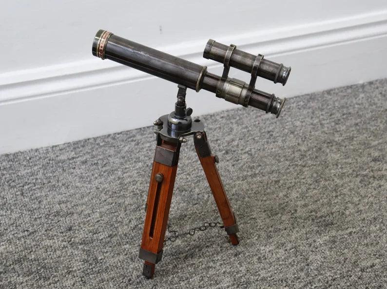 Double Barrel Antique Brass Telescope With Tripod Stand BT012 - collectiblegiftitems