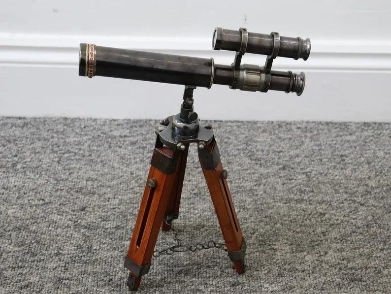 Double Barrel Antique Brass Telescope With Tripod Stand BT012 - collectiblegiftitems