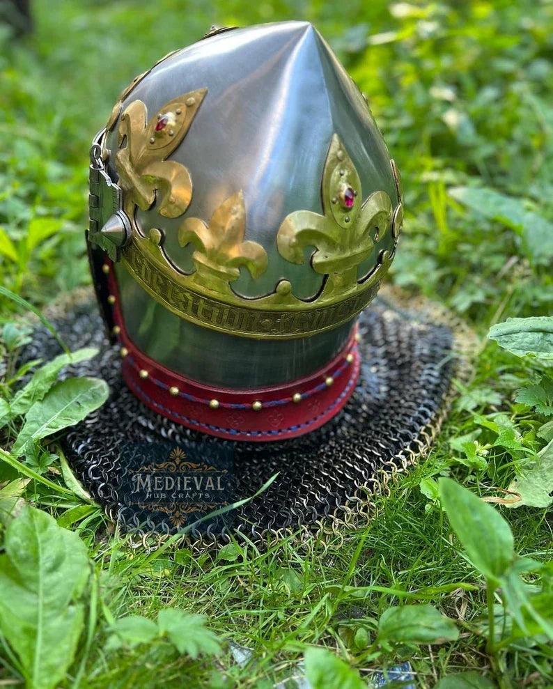 Medieval Royal Bacinet Crown Helmet,Medieval Bacinet Visor Helmet,With Chainmail - collectiblegiftitems