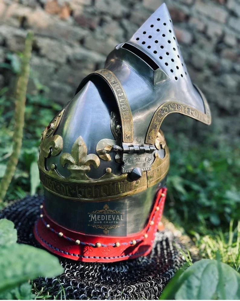 Medieval Royal Bacinet Crown Helmet,Medieval Bacinet Visor Helmet,With Chainmail - collectiblegiftitems