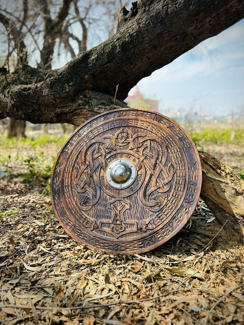 Handmade Carving Shield with Celtic Cross | Viking Wall Decor, Gift