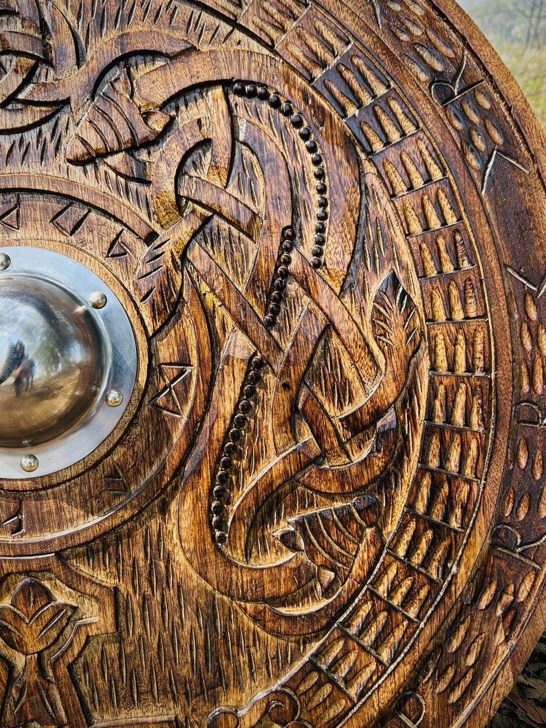 Handmade Carving Shield with Celtic Cross | Viking Wall Decor, Gift