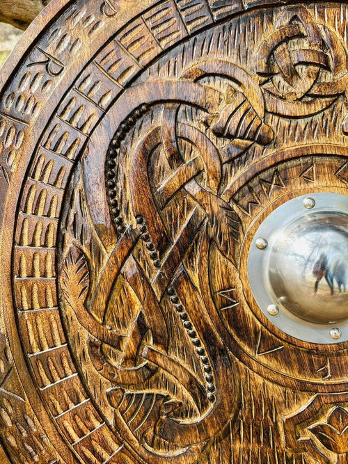 Handmade Carving Shield with Celtic Cross | Viking Wall Decor, Gift