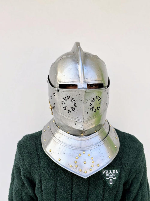 European Armor Helmet Close Knight Helmet with Visor for LARP & Halloween Costume