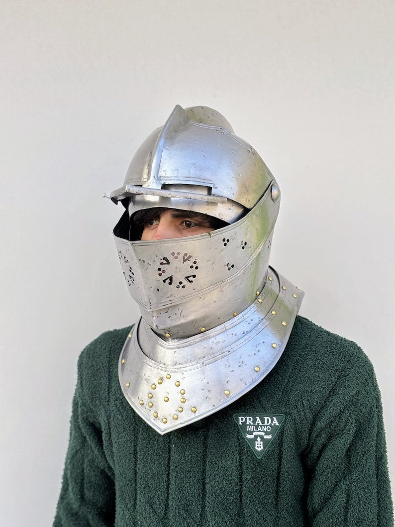 European Armor Helmet Close Knight Helmet with Visor for LARP & Halloween Costume