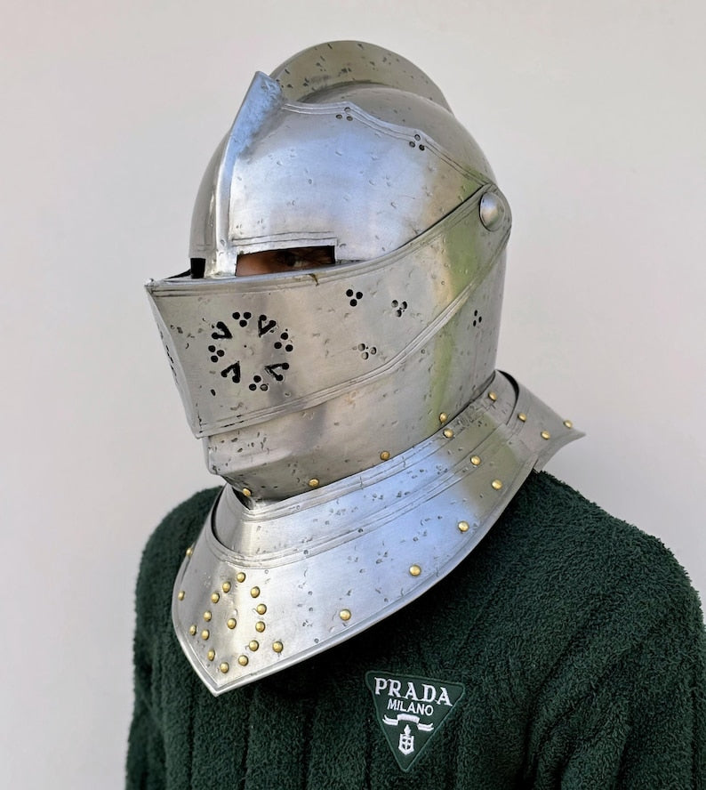 European Armor Helmet Close Knight Helmet with Visor for LARP & Halloween Costume