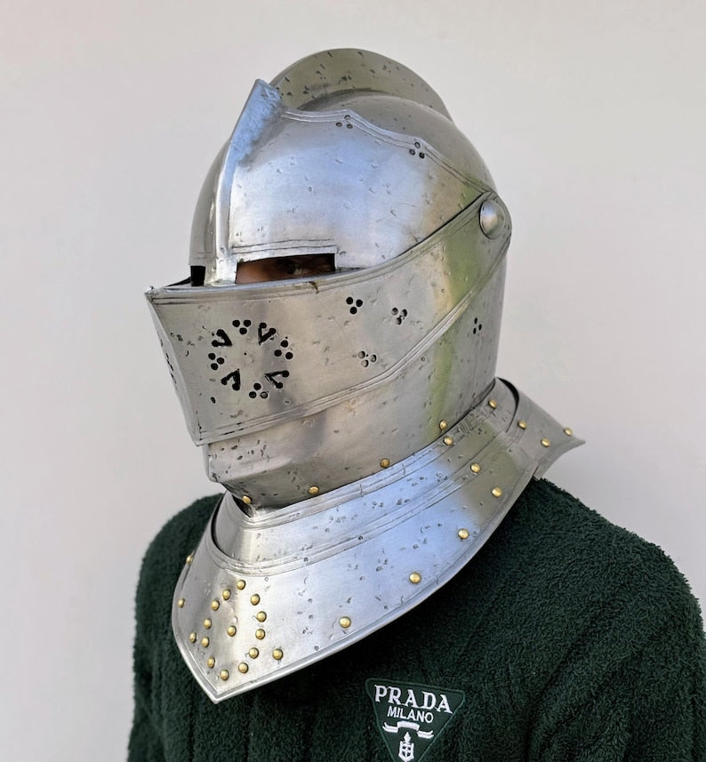 European Armor Helmet Close Knight Helmet with Visor for LARP & Halloween Costume