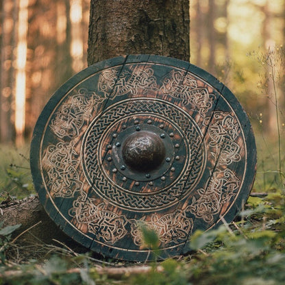 Escudo vikingo con obra de arte de draco nórdico tallado, 24" 