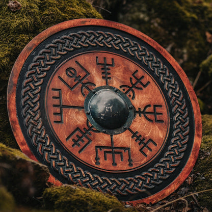 Escudo vikingo con símbolo Vegvisir tallado, 24"