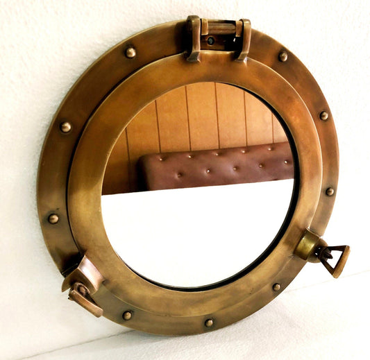Espejo de ojo de buey de 12 "marrón antiguo para colgar en la pared modelo antiguo
