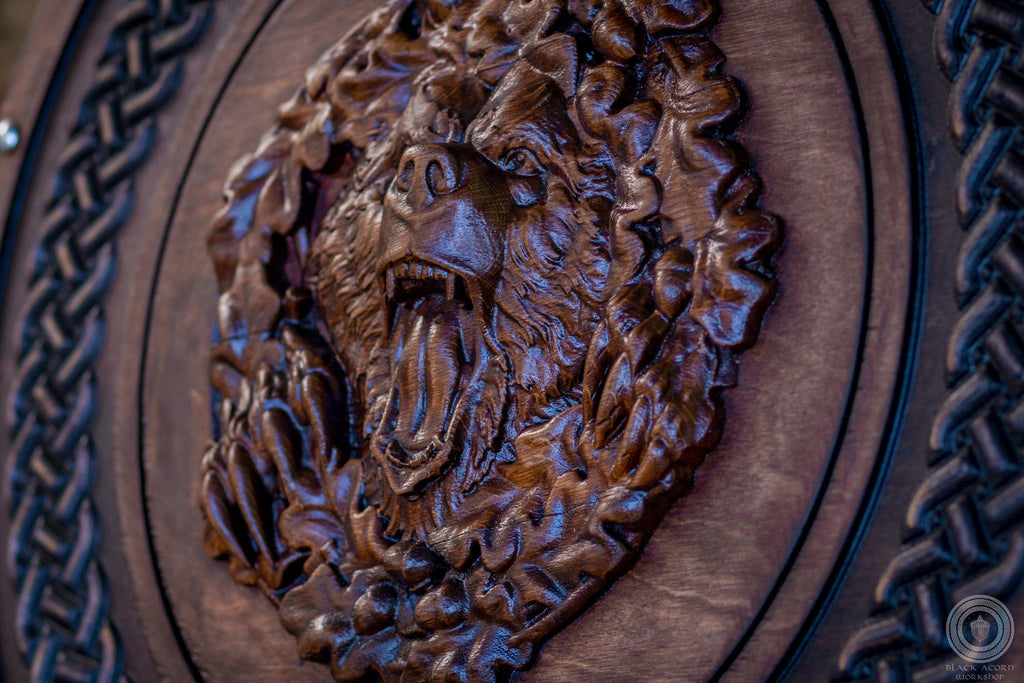Berserker Bear Totem Oaken Carved Viking Shield, 24 - + engraved - collectiblegiftitems