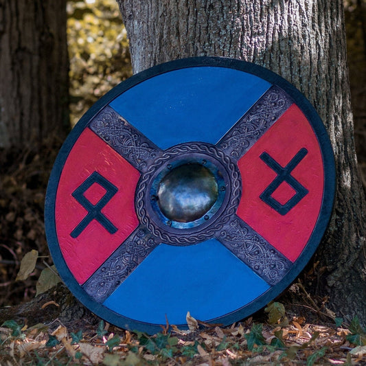 Handgeschnitztes Wikingerschild mit Runen im blauen und roten Stil, 24" 