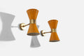 Pair of orange wall sconces with gold accents on a white background