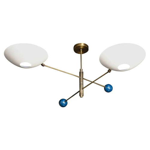 Modern ceiling light fixture with three white lampshades and blue spherical accents on a white background